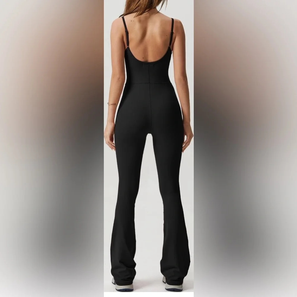 Black Women's Bodycon Flare Jumpsuit with Spaghetti Straps and Scoop neck. - Picture 2 of 7
